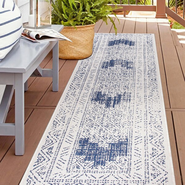 World Rug Gallery Transitional Bohemian Weather Resistant Indoor/Outdoor Runner Rug 2' x 7' Blue 4029BLUE2X7 - main